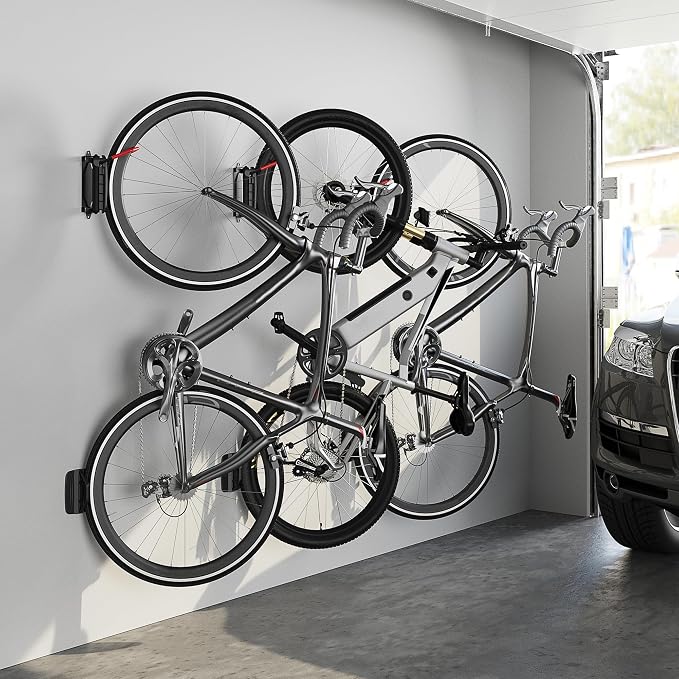 monTEK Swivel Bike Wall Mount, Vertical Bike Rack for Garage, 2 Pack, Gray | Space-saving wall bike rack with 150° swivel holds 66 lb each; fits tires up to 3.54 in wide; helps protect rims and walls