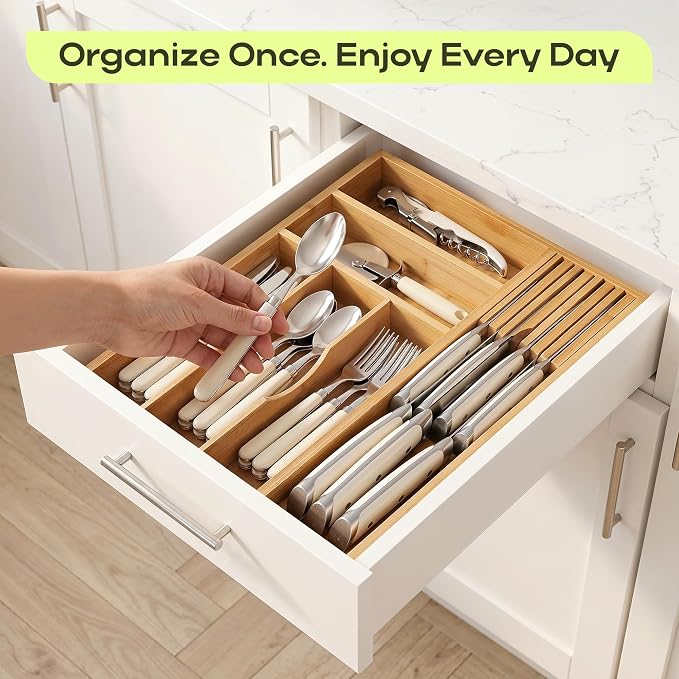 Drawer Organizer with Knife Block for Kitchen Organization, Bamboo Silverware Drawer Organizer, Compact Bamboo Cutlery Tray for Flatware and Utensils, Removable 7-Slot Knife Block for Kitchen Drawers