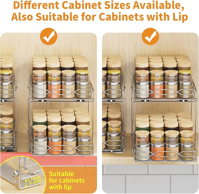 RCHYFEED Pull Out Spice Rack, 2 Tier Height Adjustable Vertical Spice Rack | Chrome,Tape or Screw Mount Available, Heavy Duty Sliding Spice Rack 9.2W x 10.4D x 9.8H, Fits Cabinets with or without Lip