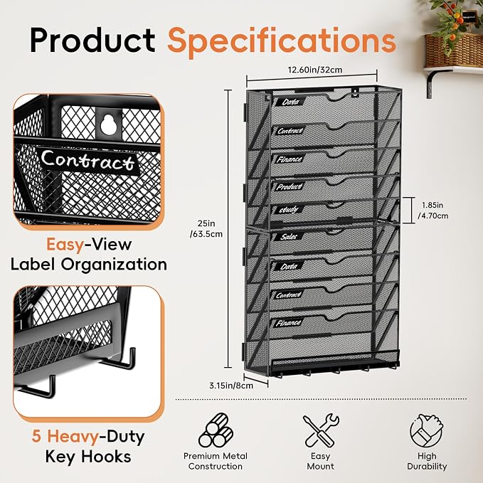 10-Tier Wall File Organizer with Hook, Hanging File Organizer Black | Wall-mounted mail storage holds papers, folders, files, clipboards and magazines, assembly required for office or home use.
