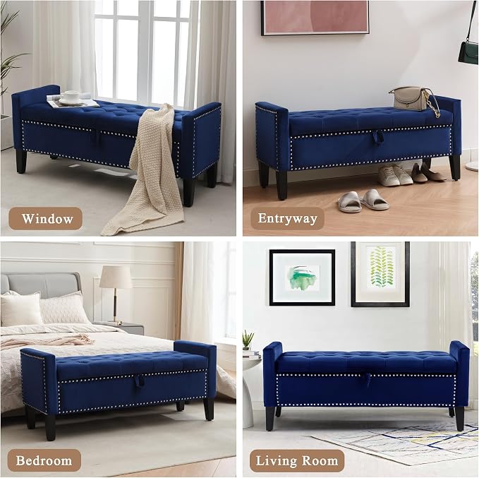 Velvet Storage Ottoman Bench, 46'' Upholstered Button Tufted End of Bed Bench, Modern Entryway Ottoman Bench with Arms, Blue