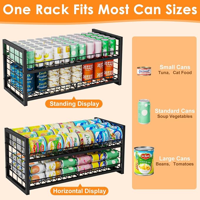 JKsmart 2-Tier Stackable Can Organizer, Extra-Long Can Holders for Pantry Storage, Adjustable Can Dispenser Holds Up to 64 Cans, 12mm Metal Frame, Super Sturdy Racks for Various Canned Food Soda