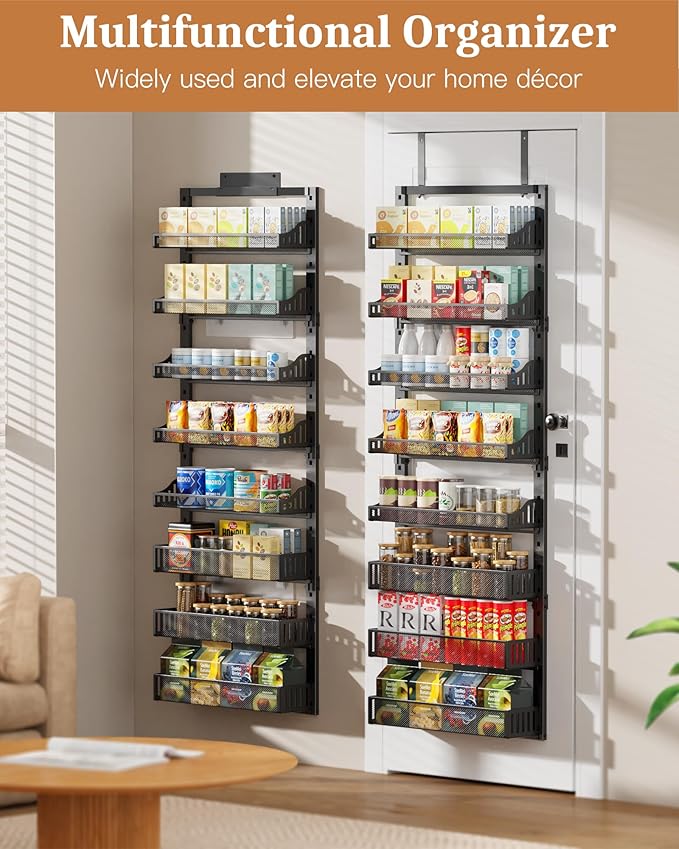 POKIPO 8-Tier Over the Door Pantry Organizer, Large Metal Door Spice Rack with Adjustable Basket, 2 in 1 Wall Mount or Hanging Heavy-Duty Pantry Door Storage Shelf for Kitchen and Bathroom, Black