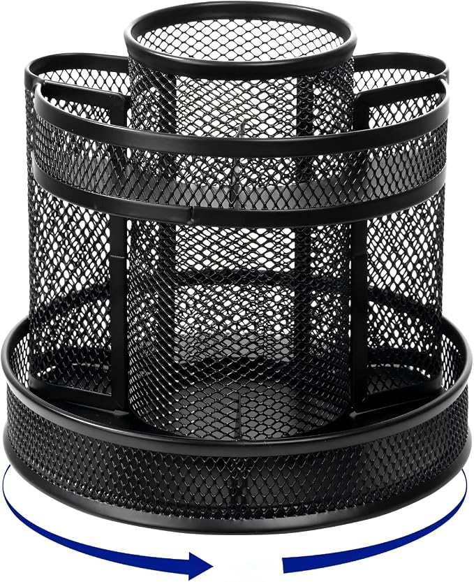 Comix Mesh 360° Rotating Pen Holder, Desk Organizer for Home Office, Black | 5 Compartment Pencil Holder, Sticky Notes Holder, Pen Organizer Office Supplies