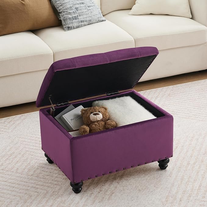 Zihanhome Velvet Storage Ottoman Bench, Button Tufted Ottoman with Hidden Storage, Upholstered Foot Rest Stool with Solid Wood Legs for Living Room, Bedroom, Entryway & Small Spaces (Purple)