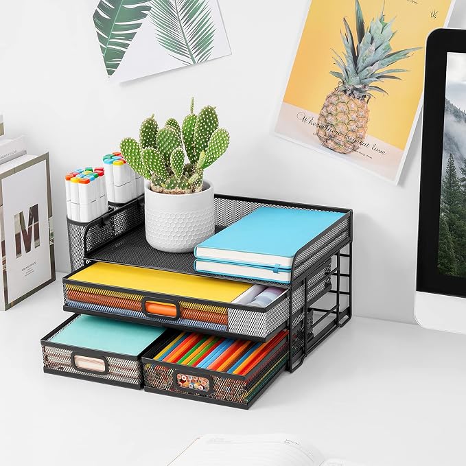 Marbrasse 3 Tier Desk Organizer with Drawer and 2 Pen Holder, Black | Paper Tray Organizer, File Holder for Desk, Metal Mesh Office Organization for Home Office Supplies