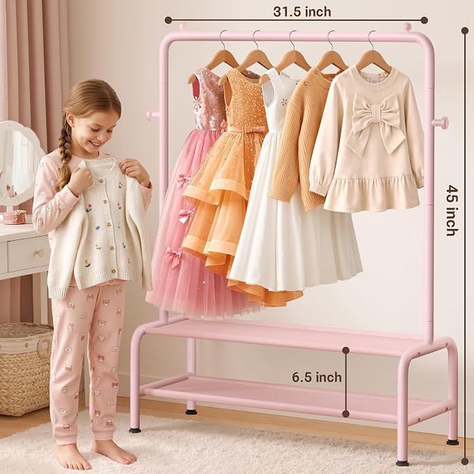mirolam Kids Clothing Rack - Dress Up Storage - Dress Up Rack for Little Girls - Small Kids Costume Wardrobe with 2 Fabric Shelves - Princess Room Bedroom Decor
