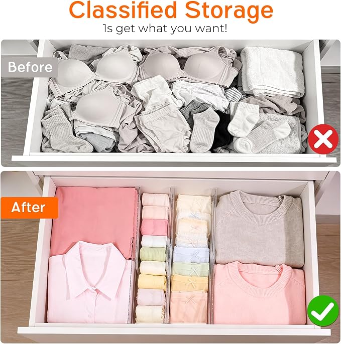 4 Pack 4" High Drawer Dividers for Clothes, 10.2"-16.5" Expandable Dresser Drawer Organizers, Adjustable Plastic Clear Drawer Separators for Kitchen, Baby Clothing, Socks, Underwear, Bedroom