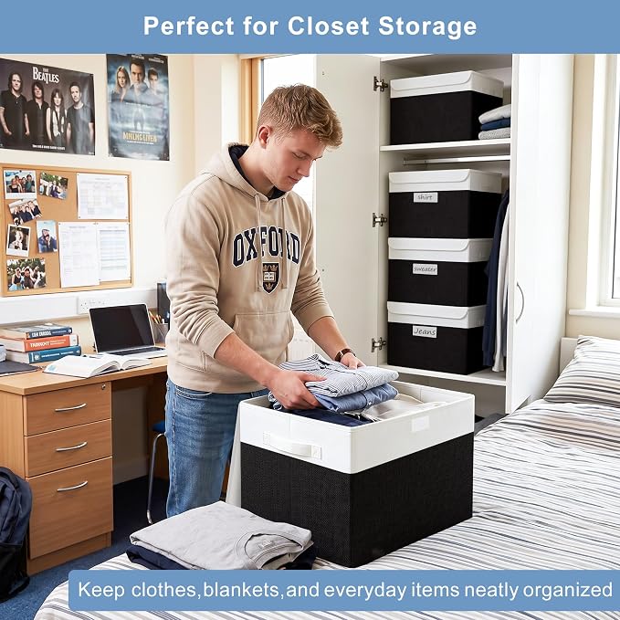 Large 17" 42 Quarts Collapsible Stackable Storage Bins with Lids [3-Pack] Foldable Fabric Linen Storage Boxes Cube, Closet Organizer Baskets with Label for Home (16.7 x 12 x 12", Black & White)