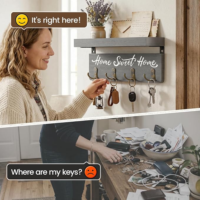 buways Key Holder Wall Mount with 4 Double Hooks-Solid Wood Wall-Mounted Organizer for Keys&Mail Rustic Key Rack Hanger Holder Home Decor for Entryway Living Room (Gray)