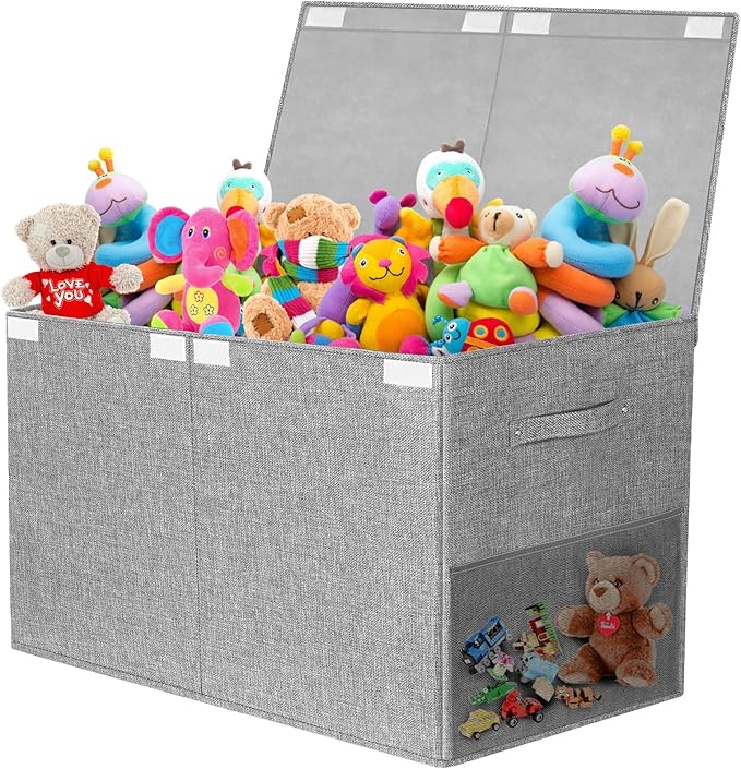 Large Toy Storage Box with Lid Upgraded Toy Chest Organizer with Removable PP Divider Foldable Toy Bin for Kids Boys Girls Linen Fabric Toy Box for Playroom Nursery Bedroom (25"x13"x16")