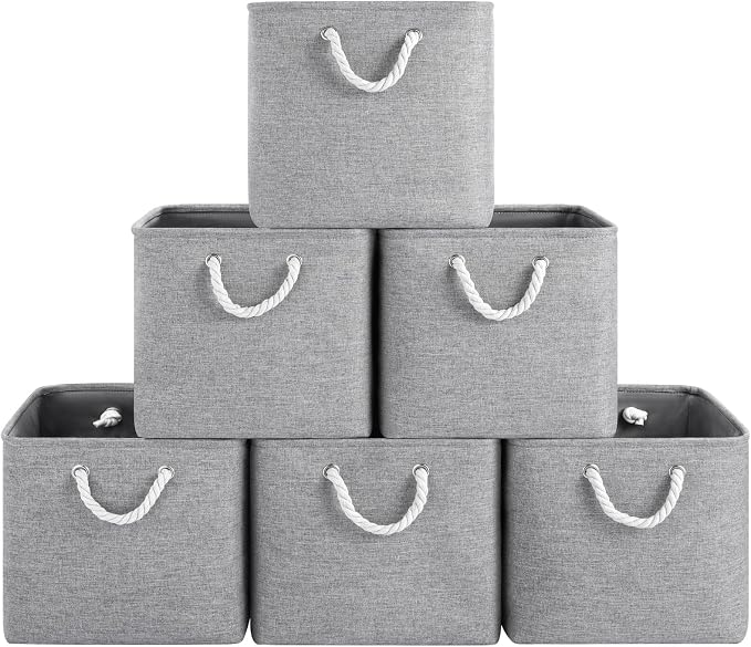 ECDYQXVU 13x13x13 Inch Storage Cube Bins Foldable Organizer Baskets 6 Pack | Soft Cotton Handles, Premium EVA Fabric, Hard Cardboard Bottom, Sturdy Metal Rim, Closet Shelf, Living Room, Bedroom, Laundry