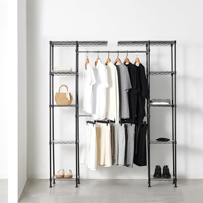 Amazon Basics Expandable Metal Hanging Closet Organizer System with Storage Shelves, Adjustable, Easy to Assemble, 57-80"L x 14"W x 72"H, Black