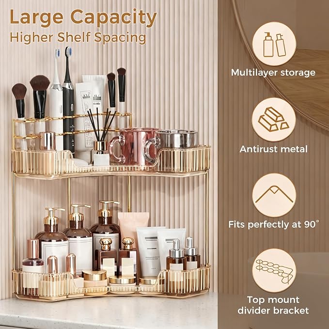 BEFSOP Corner Bathroom Counter Organizer, Upgraded 2-Tier Makeup Organizer Countertop with Makeup Brush Holder, Skincare Exquisite Vanity Organizers Countertop Bathroom Storage Dresser(GOLD)