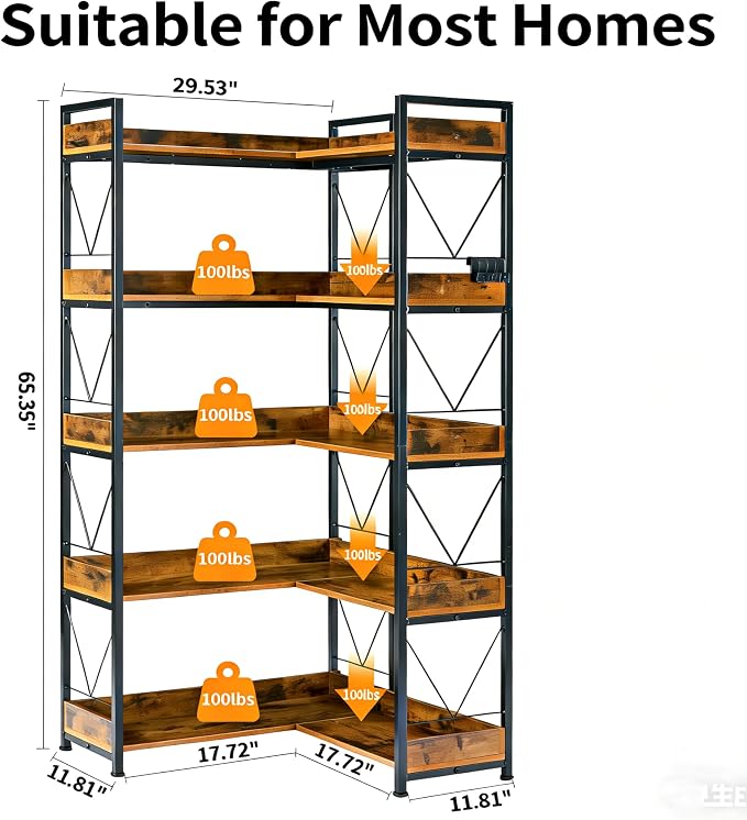 HealSmart 5 Tier L Shape Bookshelf, 65" Corner Bookcase with Hooks and Edge, Industrial Wooden Bookcase with Open Shelves and Metal Frame for Living Room, Bedroom, Home Office, Kitchen, Brown