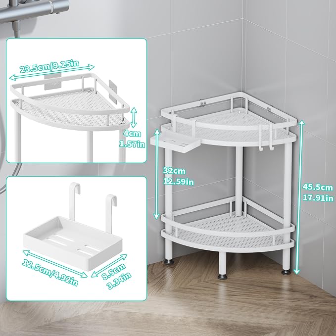 HapiRm Standing Corner Shower Caddy - 2 Tier Shower Organizer Corner with Soap Holder and 4 Hooks, Rustproof Bathroom Storage Shelves with Adhesives, White