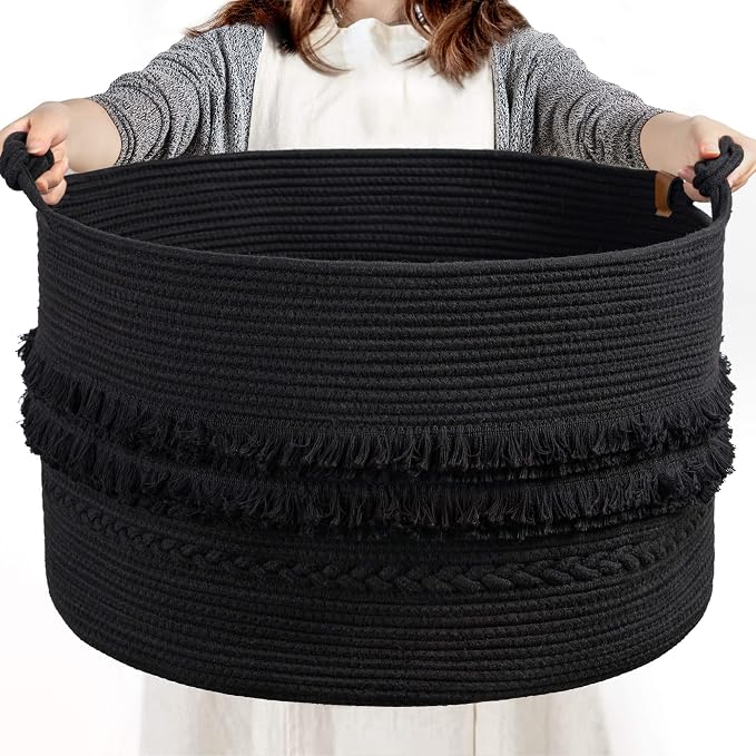 CherryNow 90L Large Woven Rope Blanket Basket with Tassel, 22" x 14", Black | Boho Basket for Toys, Clothes & Pillows Storage, Fits Bedroom Living Room Home Décor, Laundry Hamper with Knotted Handles