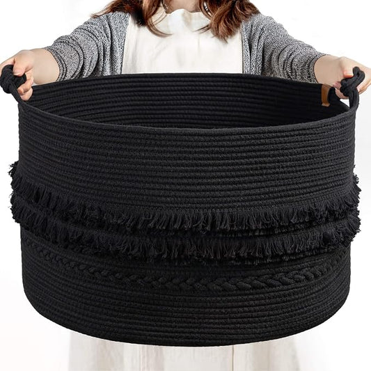 CherryNow 90L Large Woven Rope Blanket Basket with Tassel, 22" x 14", Black | Boho Basket for Toys, Clothes & Pillows Storage, Fits Bedroom Living Room Home Décor, Laundry Hamper with Knotted Handles