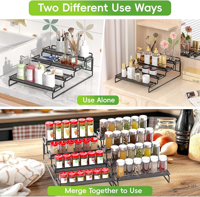 2 Pack Spice Rack Organizer for Cabinet, 4 Tier Black (S&L) Seasoning Organizer Rack for Inside Cabinets, Countertop, Pantry Storage