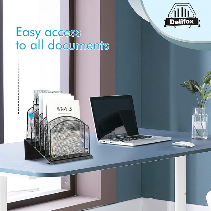 Delifox Inclined Desk File Organizer,Vertical File Folder Holder Stand Metal Rack File Sorter for Office Classroom Desktop Organization (1, Black, 5)