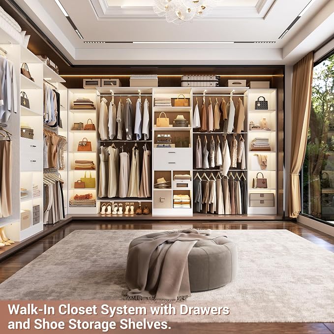 Besiost Closet System - 9.4FT/112" Closet Organizer System with Wooden Drawers,Closet Systems for Walk-In Closets with Hang Rods and Open Cabinet