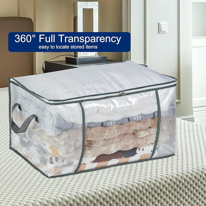 MKOKYD 80L Clear Large Storage Bag, Clothes Storage Containers for Organizing Closet, Bedroom, Underbed, Comforters, Clothing, Blankets, Pillow, Foldable Organizer with Sturdy Handle and Zippers (6)
