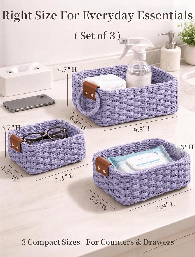 Small Wicker Baskets, 3 PCS Paper Rope Baskets for Shelves, Purple | Recycled Small Baskets, 3 Sizes Woven Baskets for Organizing, Decorative Storage Baskets for Bedroom and Bathroom