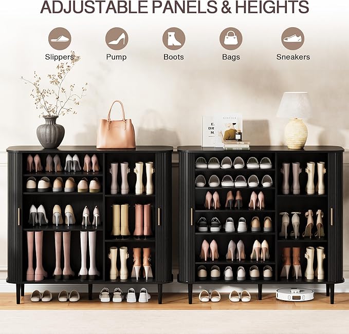 DHH Shoe Storage Cabinet with Sliding Door, 6-Tier Shoe Cabinet with Adjustable Shelves, Mid Century Modern Freestanding Shoe Storage Organizer for Entryway, Hallway, Living Room (Black, 47 ")
