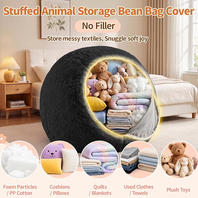 Stuffed Animal Storage Bean Bag Chair Cover, Soft Bean Bag Cover | Fluffy Faux Fur Stuffed Animal Storage Chair, Non-Slip Bottom, Fill with Plush Toys or Blankets, for Kids Teens Adults Girls