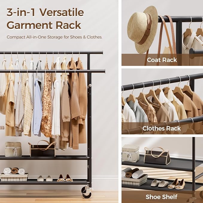 HYSEYY Clothes Rack,Double Rods Rolling Clothing Rack for Hanging Clothes,Portable Garment Rack with 2-Tier Storage Shelves,Free Standing Wardrobe Closet Coat Rack on wheels for Bedroom,Laundry Room