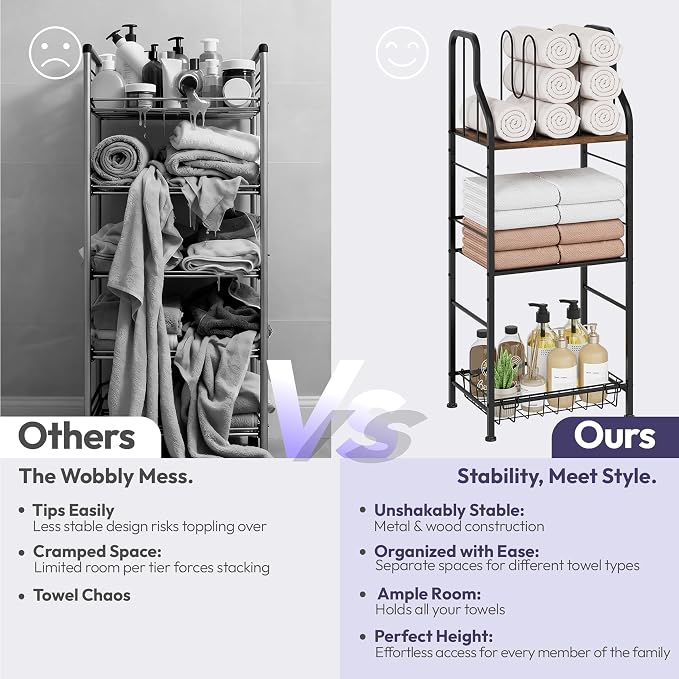 SWTYMIKI Free Standing Towel Rack - 3 Tier M-Shaped Detachable Dividers Towel Shelf for Bathroom, Durable Metal Pool Towel Holder, Modern Space-Saving Bath Towel Storage Organizer