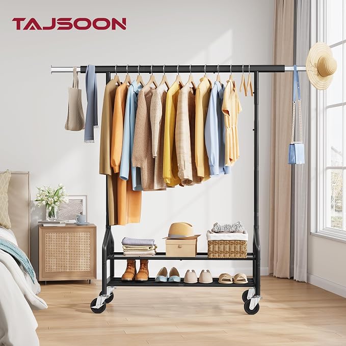 Clothing Rack with 2 Shelves, Metal Heavy Duty Load 350 LBS, Black | Adjustable Clothes Rack, Extendable Garment Rack for Hanging Clothes, Rolling Rack for Bedroom, Laundry Room, Clothes Store