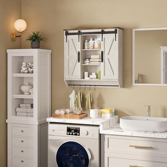 Trironsun Farmhouse Medicine Cabinet 2 Sliding Barn Doors 3 Tier Rustic Wood Wall Storage Cabinet Adjustable Shelf Towel Bar Wall Mounted Bathroom Wall Cabinet (Antique White, 30.71 Inch)