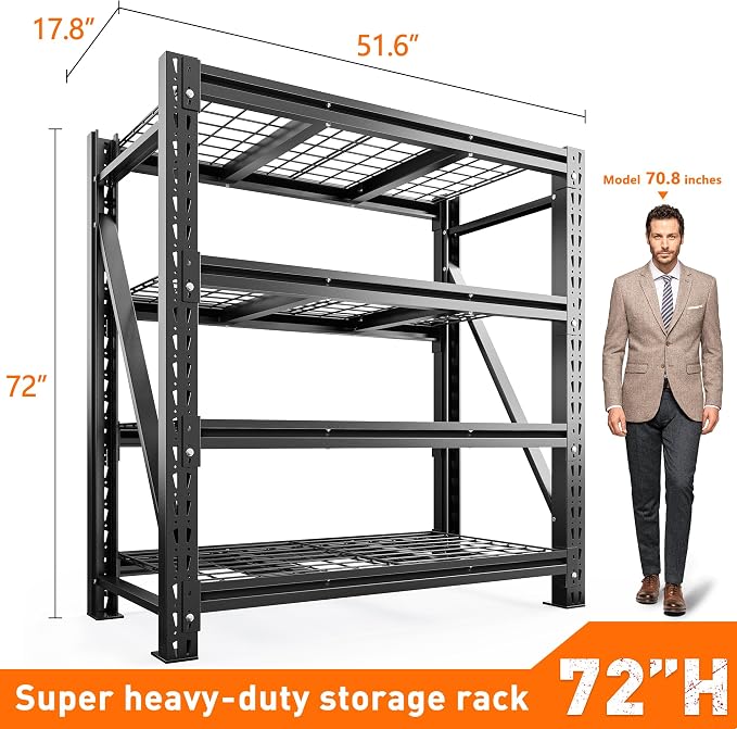 Romorgniz 51.6" W Garage Shelving 3000LBS Heavy Duty Storage Shelves Adjustable Industrial Shelving Large Metal Shelves for Garage Warehouse Basement Shop, 51.6" W x 17.8" D x 72" H, Black, 2PC