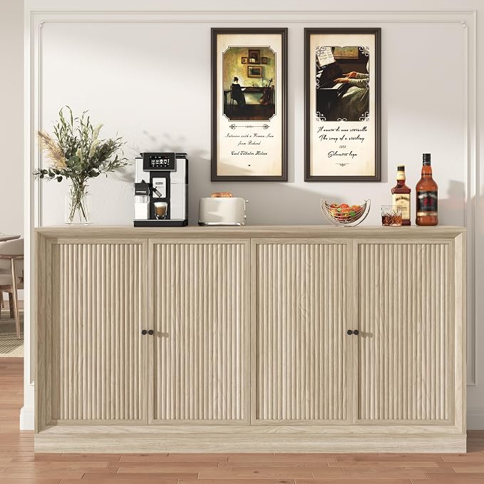 Hlivelood 63” Fluted Sideboard Buffet Cabinet with Storage, Mid Century Modern Wooden Credenza with 4 Doors & Adjustable Shelves, Beveled Edge Storage Cabinet for Kitchen, Living Room (Natural Oak)