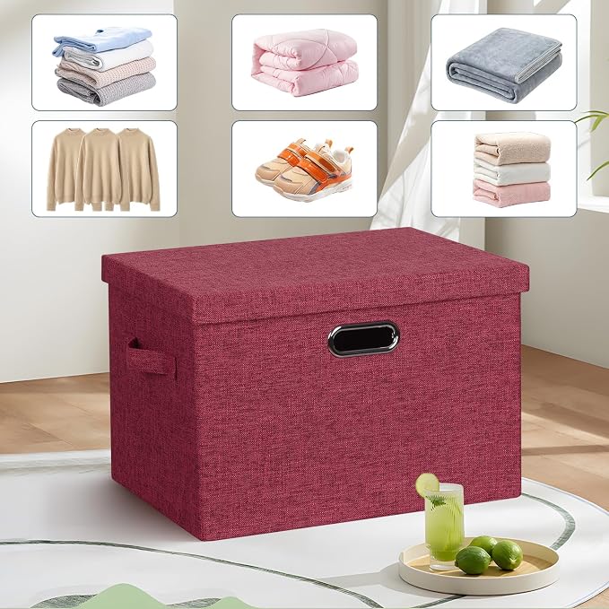 Storage Bins with Lids Fabric Closet Organizers Cubes Office Organization | 36 Quart 3 Pack Bright Red Collapsible Stackable Linen Fabric 4 Handles Bedroom Closet Cabinet Under Bed Clothes Toy Office