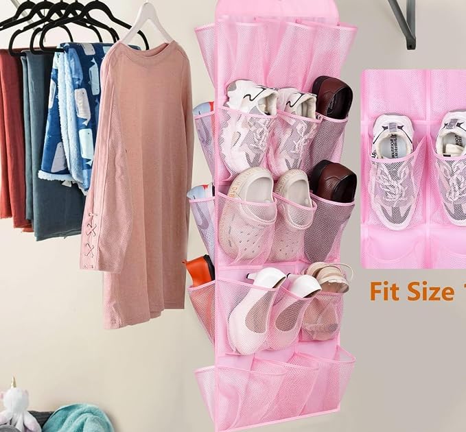 MISSLO 30 Large Pockets Dual Sided Hanging Shoe Organizer for Closet with Rotating Hanger Hanging Shoe Shelves, Pink