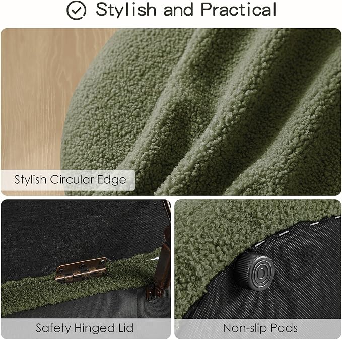 Storage Ottoman Bench, 45'' Upholstered Boucle Ottoman with Storage, Aesthetic End of Bed Bench for Bedroom Living Room Entryway, Green