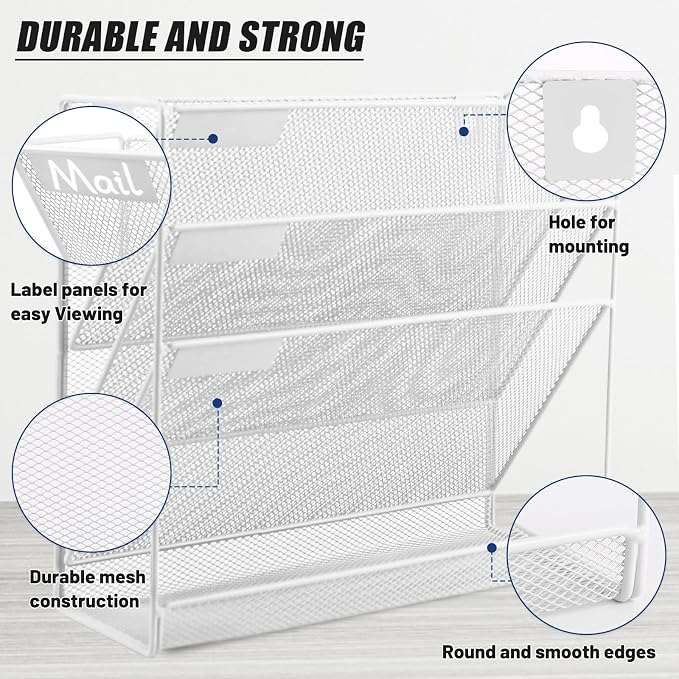 EASEPRES Desk File Organizer Mesh 4-Tier, Hanging Wall Mount Document Organization Stand, Desktop Vertical Mail Paper Folder Holder Rack with Bottom Tray for Office Home Cubicle Countertop, White