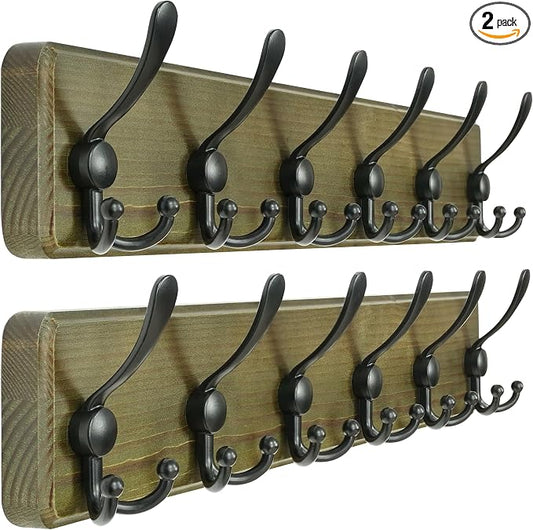 Coat Rack Wall Mounted - 24" Long 6 Tri Hooks, Heavy Duty Wooden Wall Coat Hanger Coat Hook for Clothes Hat Jacket Clothing, Weathered Green and Black, Pack of 2
