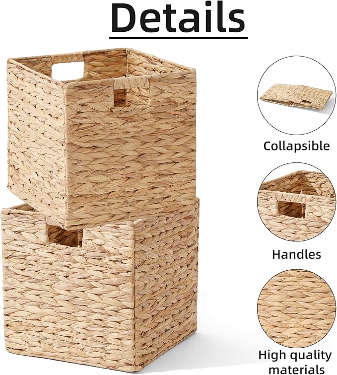 Water Hyacinth Storage Basket, Set of 2 Hand-Woven Wicker Baskets, Foldable Cube Storage Bins, Wicker Cube Laundry Organizer, Square Baskets for Organizing Shelves Decor, 12x12x12in