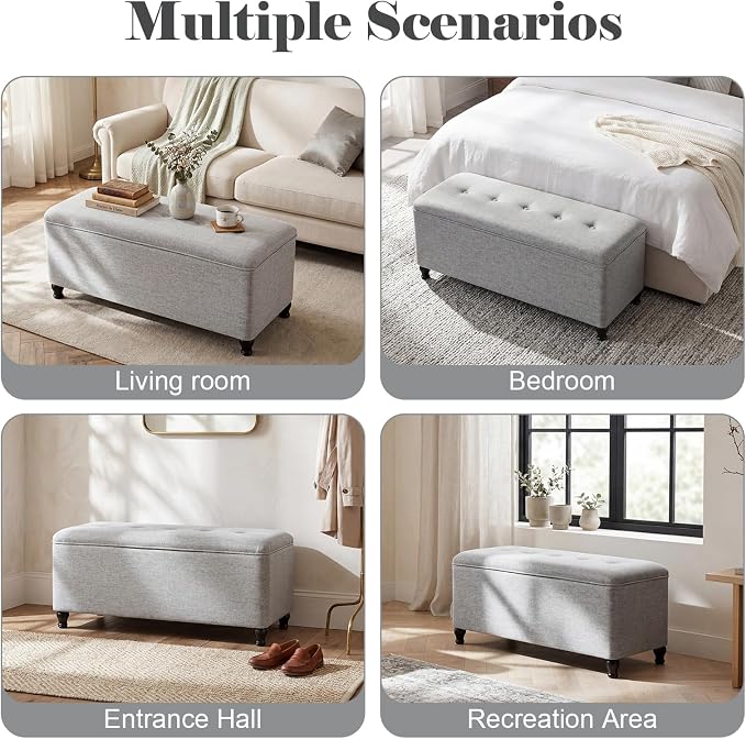 Homebeez 41" Linen Storage Ottoman Bench with Button Tufted Top & Wooden Legs, Upholstered Storage Bench for Bedroom, Entryway, Living Room