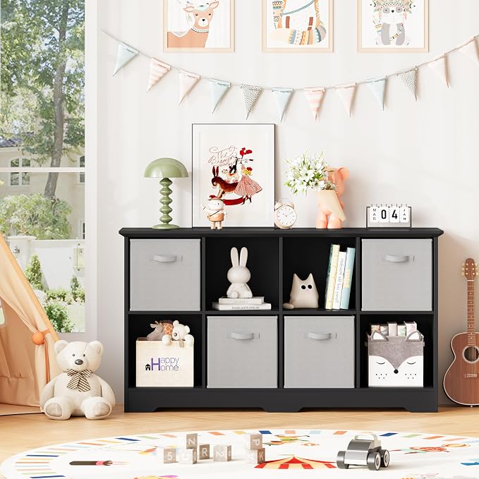 8 Cube Storage Organizer Shelf, Wood Cubby Storage with 4 Fabric Drawers | 2 Tier Wooden Bookshelf with 2 Adjustable Shelves, Fluted Side Panels Bookcase for Bedroom, Living Room, Home Office, Black