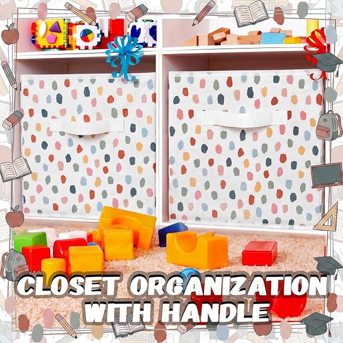 6 Pcs 11 Inch Polka Dots Fabric Storage Cube Bin Woven Foldable Storage Cubes for Classroom Basket Bin Classroom Organizer with Handle Decor for Organizing Clothes, Toy, Book