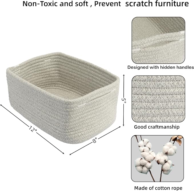 XUANGUO Small Woven Storage Baskets for Shelves, 12" x 8" x 5", Gray | Decorative rope storage bins for closets and toy storage; cute organizer baskets, empty gift baskets and nursery storage.