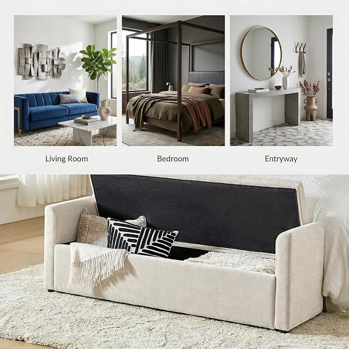 HULALA HOME 59" Storage Bench with 2 Throw Pillows & Armrests, Linen | Modern Long Bedroom Bench for End of Bed, Comfy Upholstered Fabric Footstool for Entryway Living Room
