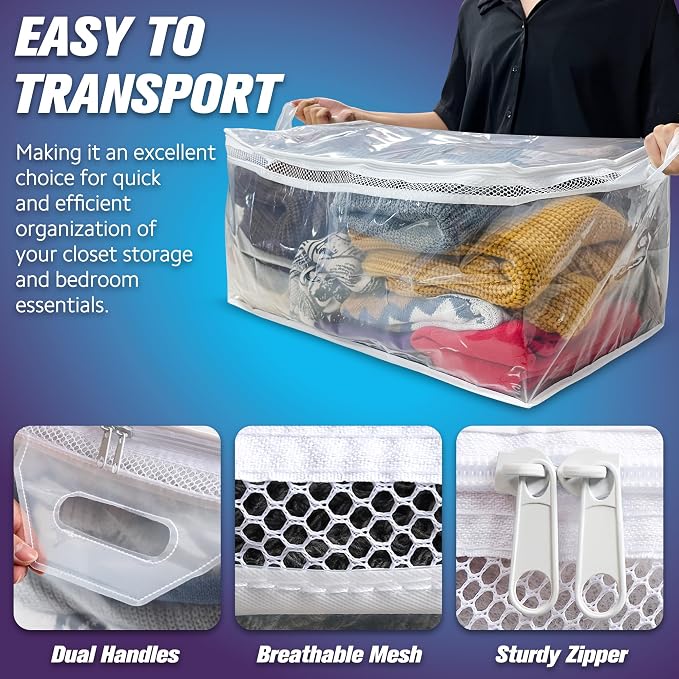 Large Storage Bag for Clothes, Jumbo Zipper Totes | 20 Gallon xxl, Flexible, Clear Extra Thick Plastic, Reinforced Handles, Double Zip