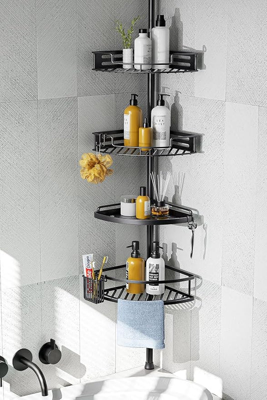 HAMITOR Corner Shower Caddy Tension Pole: Quick Installation 4-Tier Rustproof Bathroom Organizer Shelves for Bathtub Shampoo Storage - 47-121 inch Adjustable Floor Standing Bath Rack Holder - Black | No-Drill Setup, Adjustable Height Tension Pole, Rust...