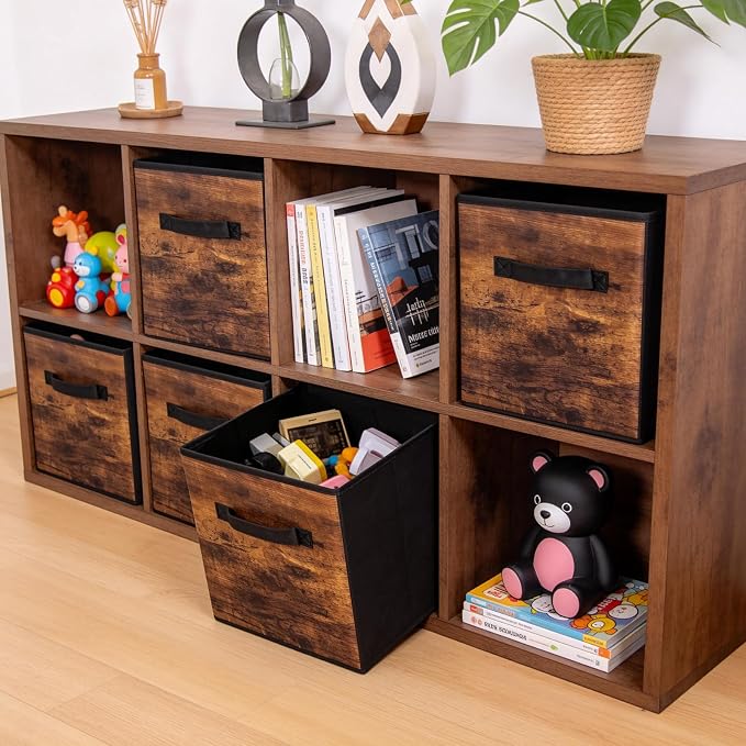 11 Inch Fabric Storage Cubes, 8 Pack Foldable Storage Bins with Handle, Fabric Cube Box for Shelves, Closet, Bedroom, Living Room, Organizer, Rustic Brown and Ink Black