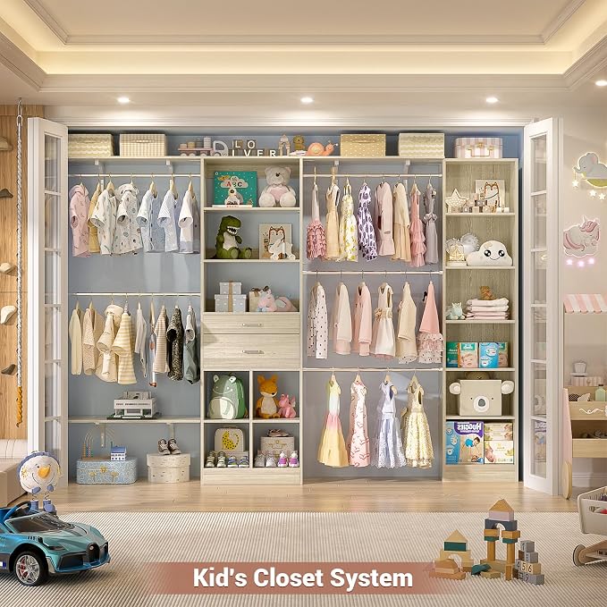 Besiost Closet System - 9.4FT/112" Closet Organizer System with Wooden Drawers,Closet Systems for Walk-In Closets with Hang Rods and Open Cabinet, Greige Oak